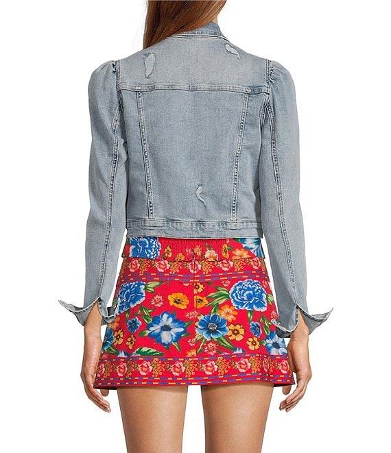 Chelsea & Violet Point Collar Long Puff Shoulder Sleeve Denim Short Statement Jacket Product Image