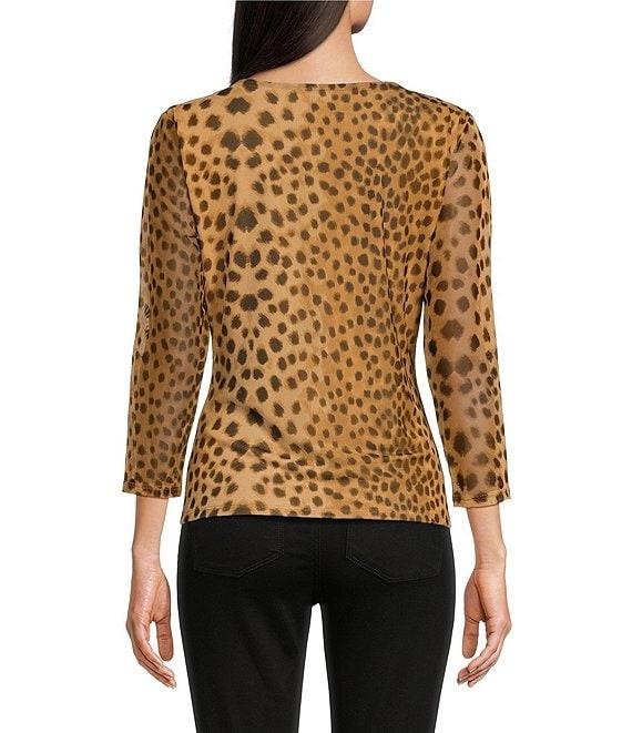 DKNY by Donna Karan Animal Printed Mesh 3/4 Sleeve Faux Wrap Top Product Image