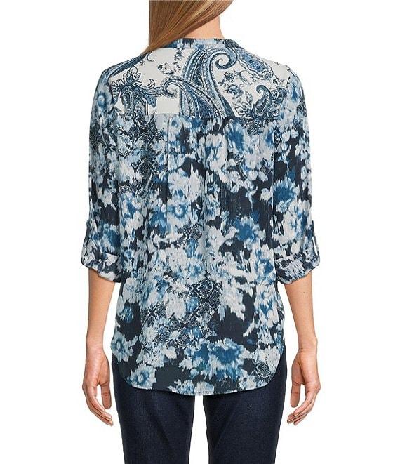Figueroa & Flower Woven Printed Mandarin Collar Long Roll-Tab Sleeve Tie Front Blouse Product Image