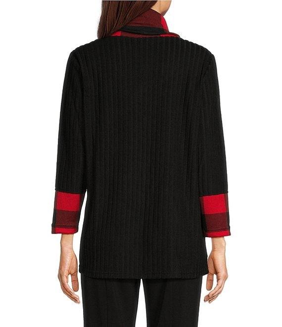 Ali Miles Brushed Textured Knit Solid Plaid Pattern Cowl Neck 3/4 Sleeve Tunic Product Image