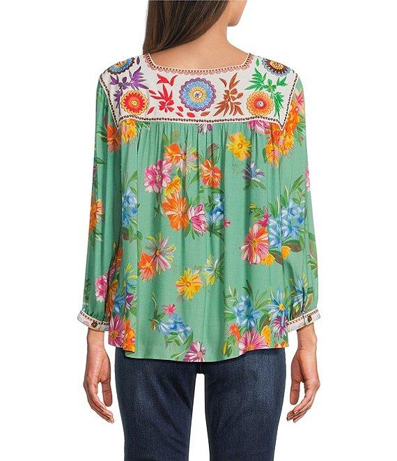 John Mark Embroidered Floral Print Square Neck 3/4 Sleeve Peasant Top Product Image