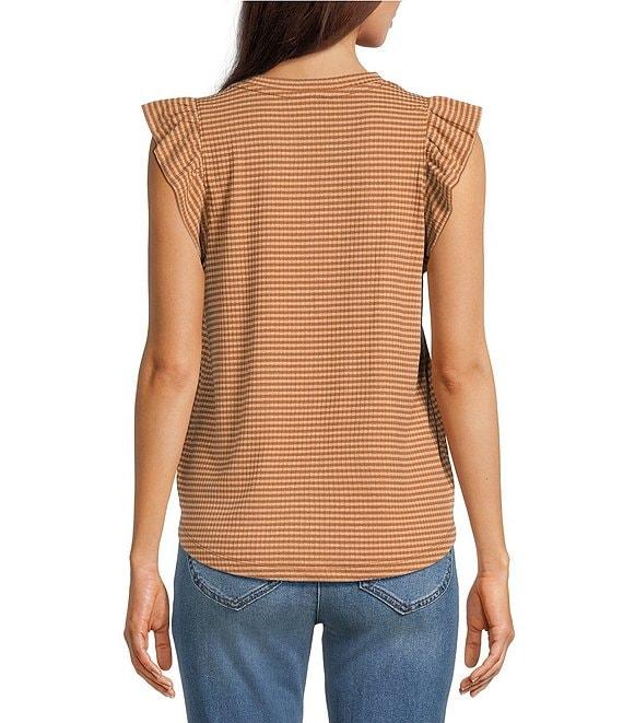 Democracy Lurex Stripe Crew Neck Ruffle Cap Sleeve Knit Top Product Image