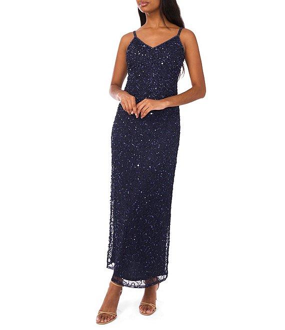 Pisarro Nights Beaded Mesh V-Neck 3/4 Sleeves A-Line 2-Piece Jacket Dress Product Image