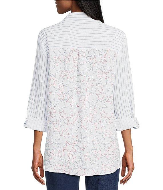 Multiples Crinkle Woven Stars And Stripe Printed Point Collar Long Roll-Tab Sleeve Hi-Low Hem Button Front Shirt Product Image