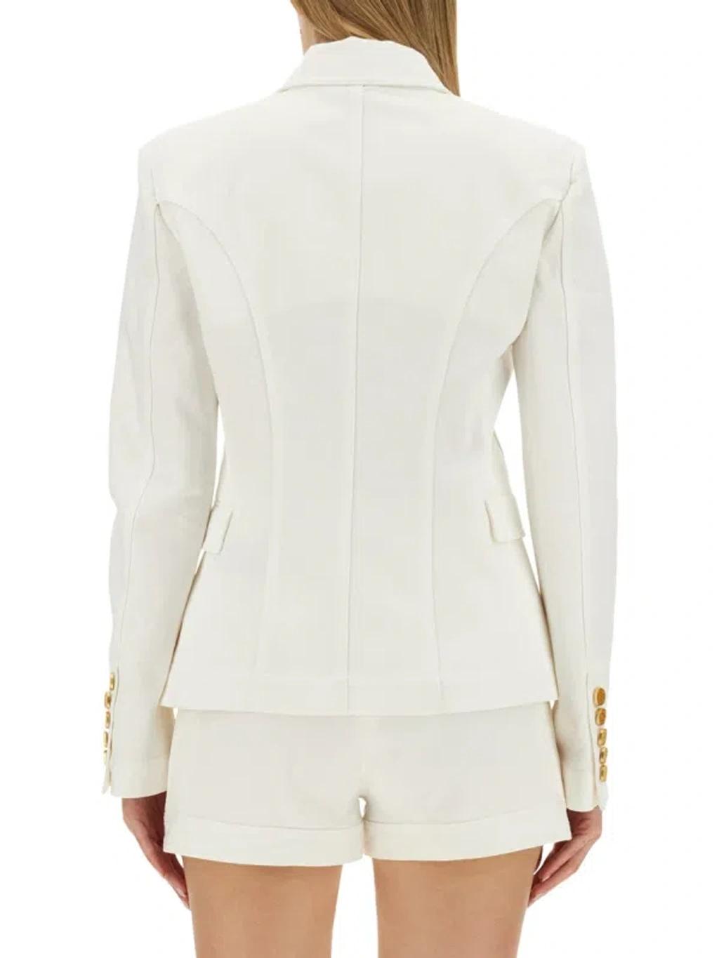 BALMAIN Double-breasted Structured Denim Blazer With Peak Lapel In White Product Image