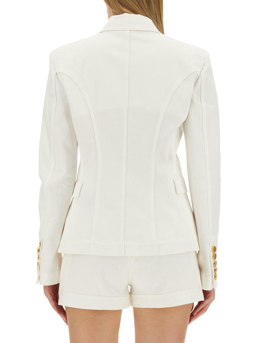 BALMAIN Double-breasted Structured Denim Blazer With Peak Lapel In White Product Image