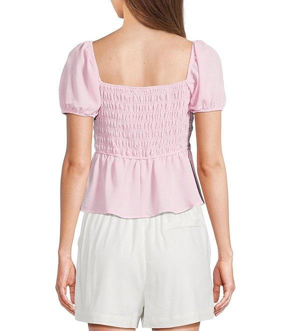 Blu Pepper Short Puff Sleeve Tie Front Shirred Blouse Product Image