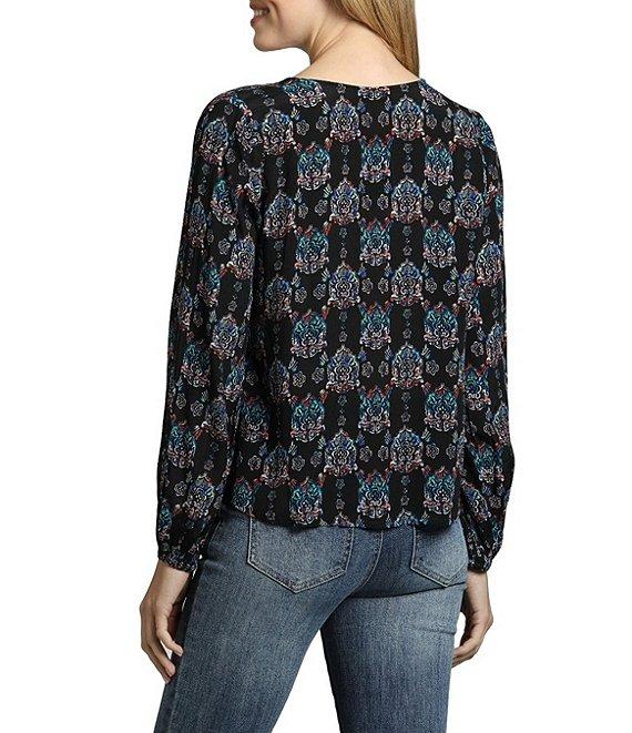 APNY Printed V-Neckline Long Sleeve Tie Front Top Product Image