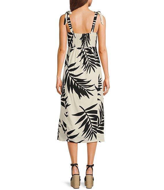 GB Tie Shoulder Tropical Palm Leaf Linen Blend Midi Dress Product Image