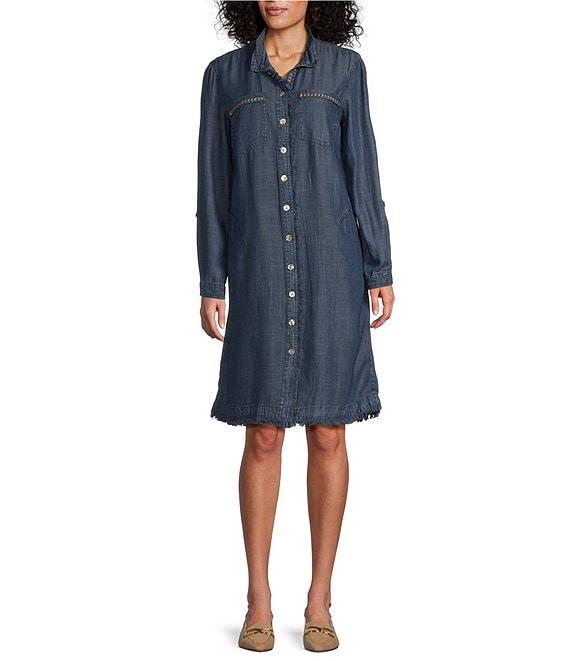 John Mark Wire Collar Roll-Tab 3/4 Sleeve Fringe Trim Button-Front Dress Product Image