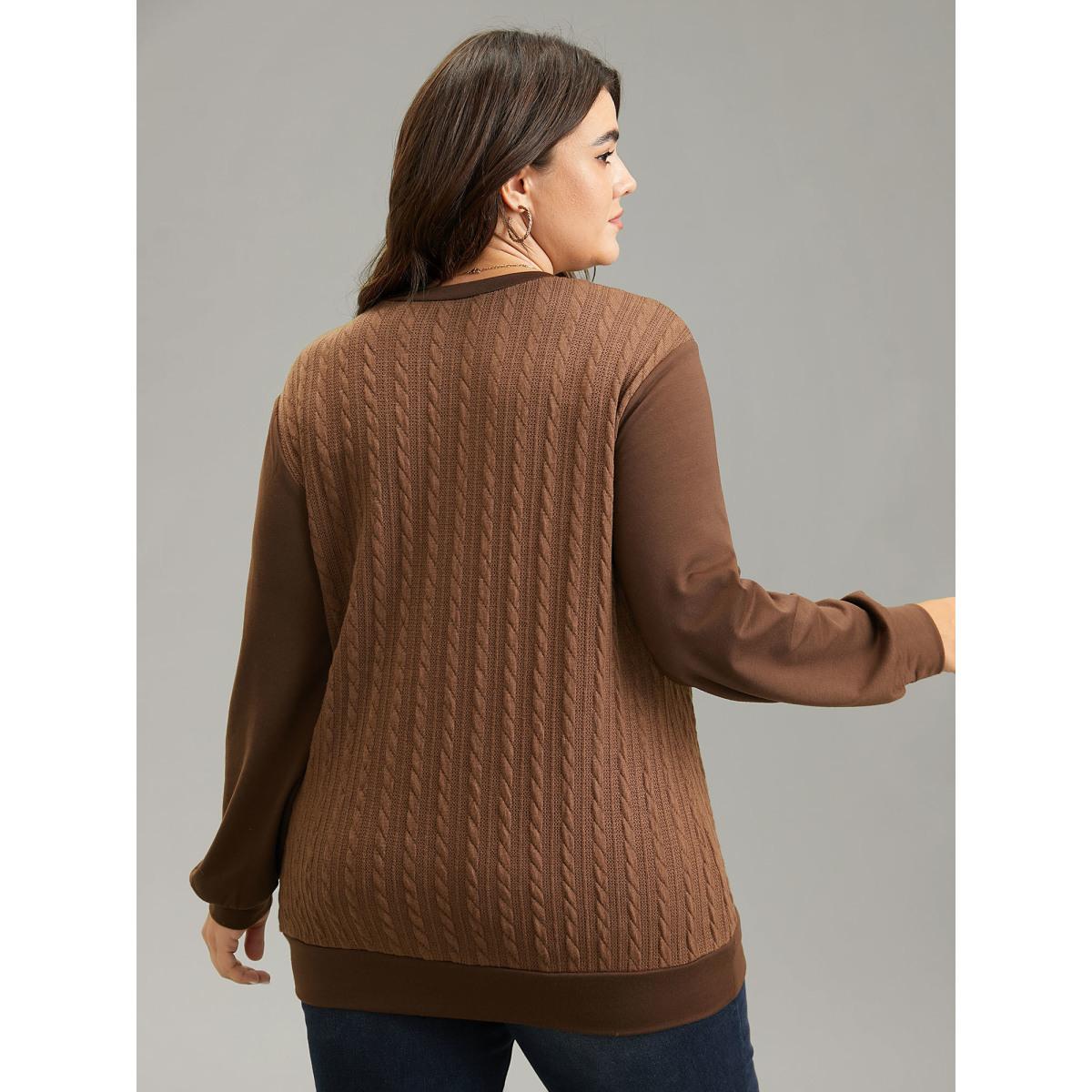 Plus Size Plain Textured Patchwork Button Detail Sweatshirt Women DarkBrown Casual Texture Round Neck Dailywear Sweatshirts BloomChic 18-20/2X Product Image