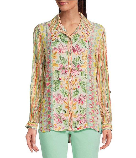 John Mark Embroidered Mixed Print Point Collar 3/4 Roll-Tab Sleeve Button Front Tunic Product Image
