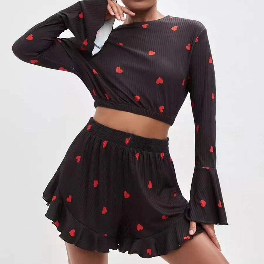 Pajama Set: Bell Sleeve Crew Neck Heart Print Crop Top + Elastic Waist Ruffle Shorts Product Image