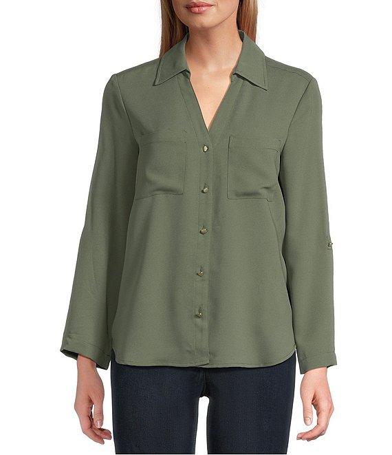 Jones New York Crepe Point Collar Roll Tab Button Front Top Product Image