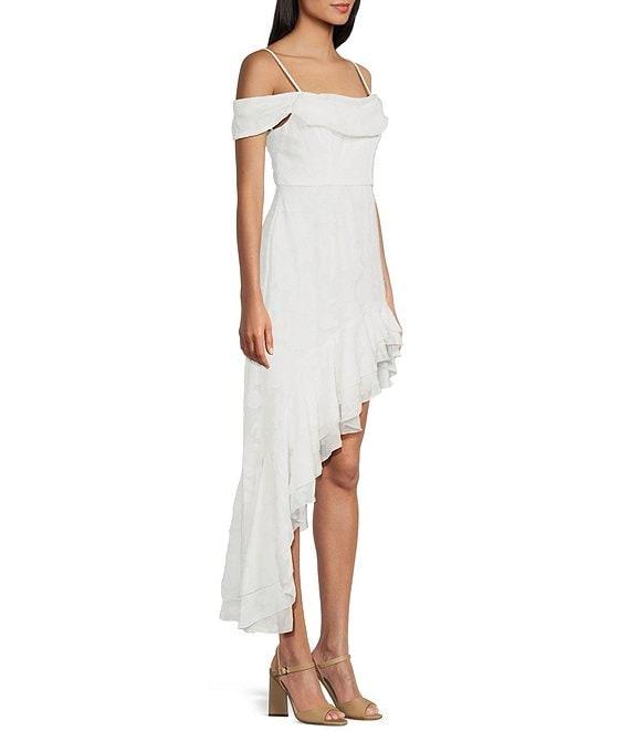 City Vibe Off The Shoulder Ruffled Asymmetrical Hem Midi Dress Product Image