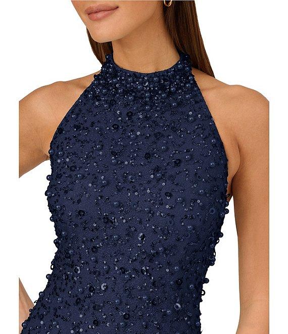 Adrianna by Adrianna Papell Beaded Mesh Halter Mock Neck Sleeveless Open Back Mini Dress Product Image