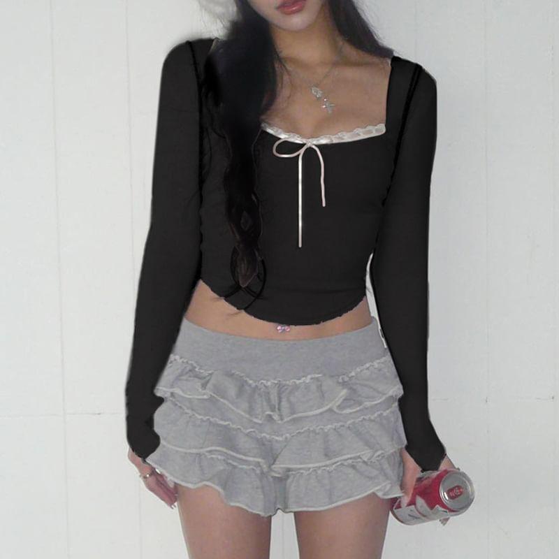 Long Sleeve Square-Neck Lace-Trim Bow Accent Crop Top Product Image