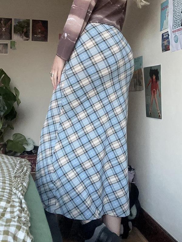 Retro Plaid Patchwork Maxi Skirt Product Image