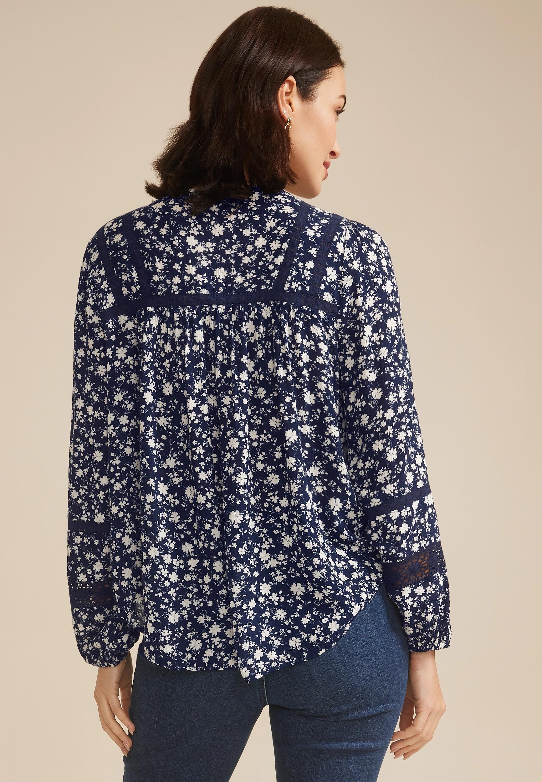 Floral Crochet Trim Button Front Blouse Product Image