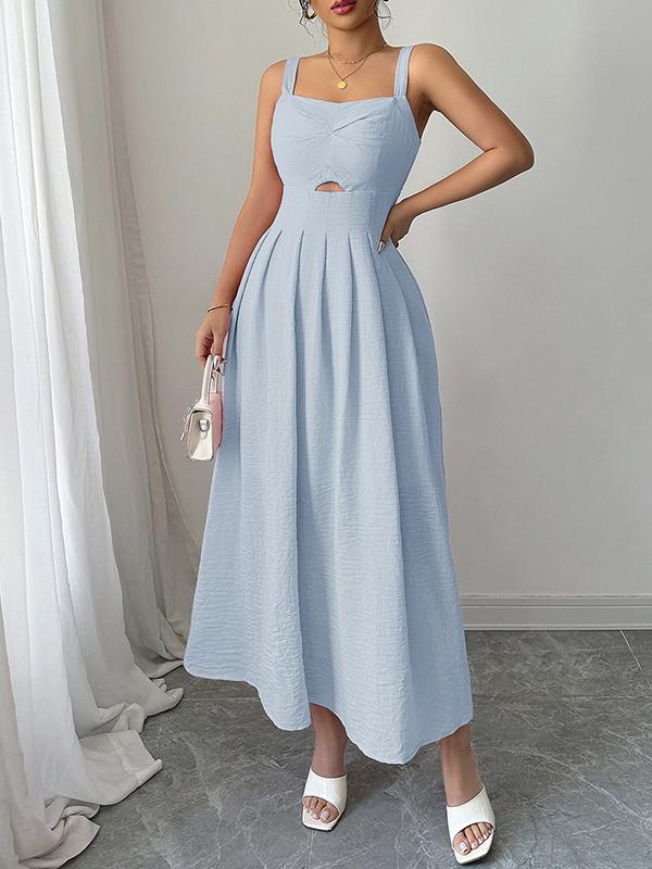 A-line High Waisted Backless Hollow Pleated Solid Color Zipper Spaghetti-Neck Midi Dresses Product Image