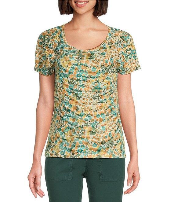 Aventura Charlie Organic Cotton Blend Floral Single Knit Jersey Scoop Neck Cap Sleeves Ruching Top Product Image