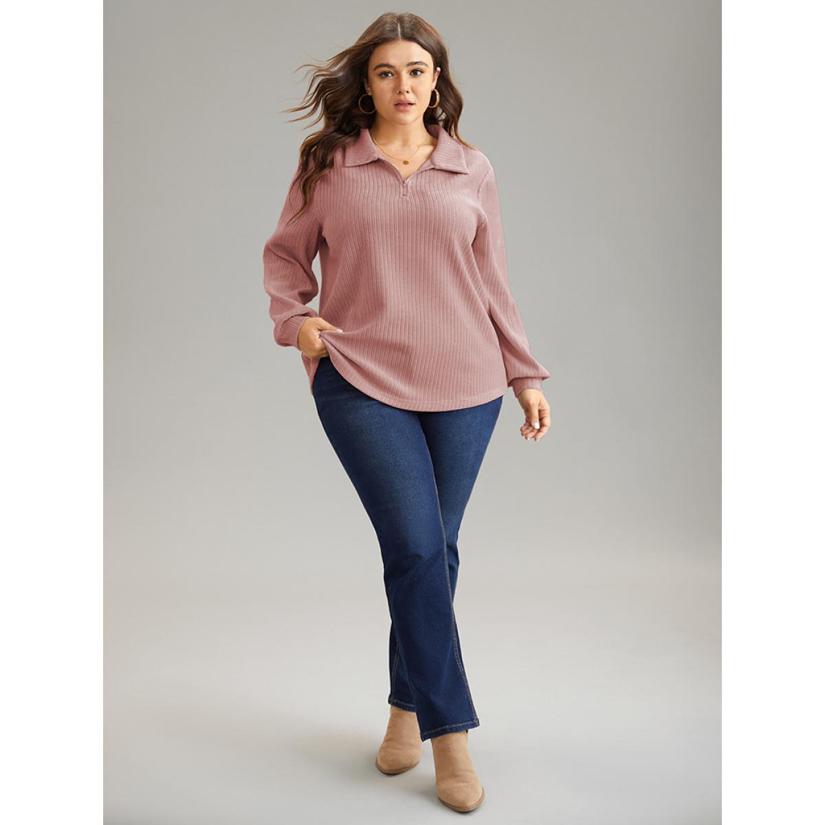 Plus Size Plain Heather Zipper Texture Polo Sweatshirt Women DustyPink Casual Texture Polo Dailywear Sweatshirts BloomChic 12/L Product Image