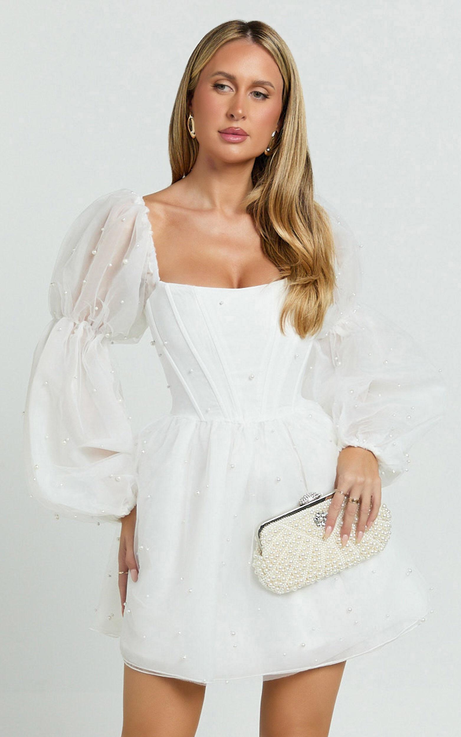 Ingrid Mini Dress - Long Puff Sleeve Pearl Detail Dress in White Product Image