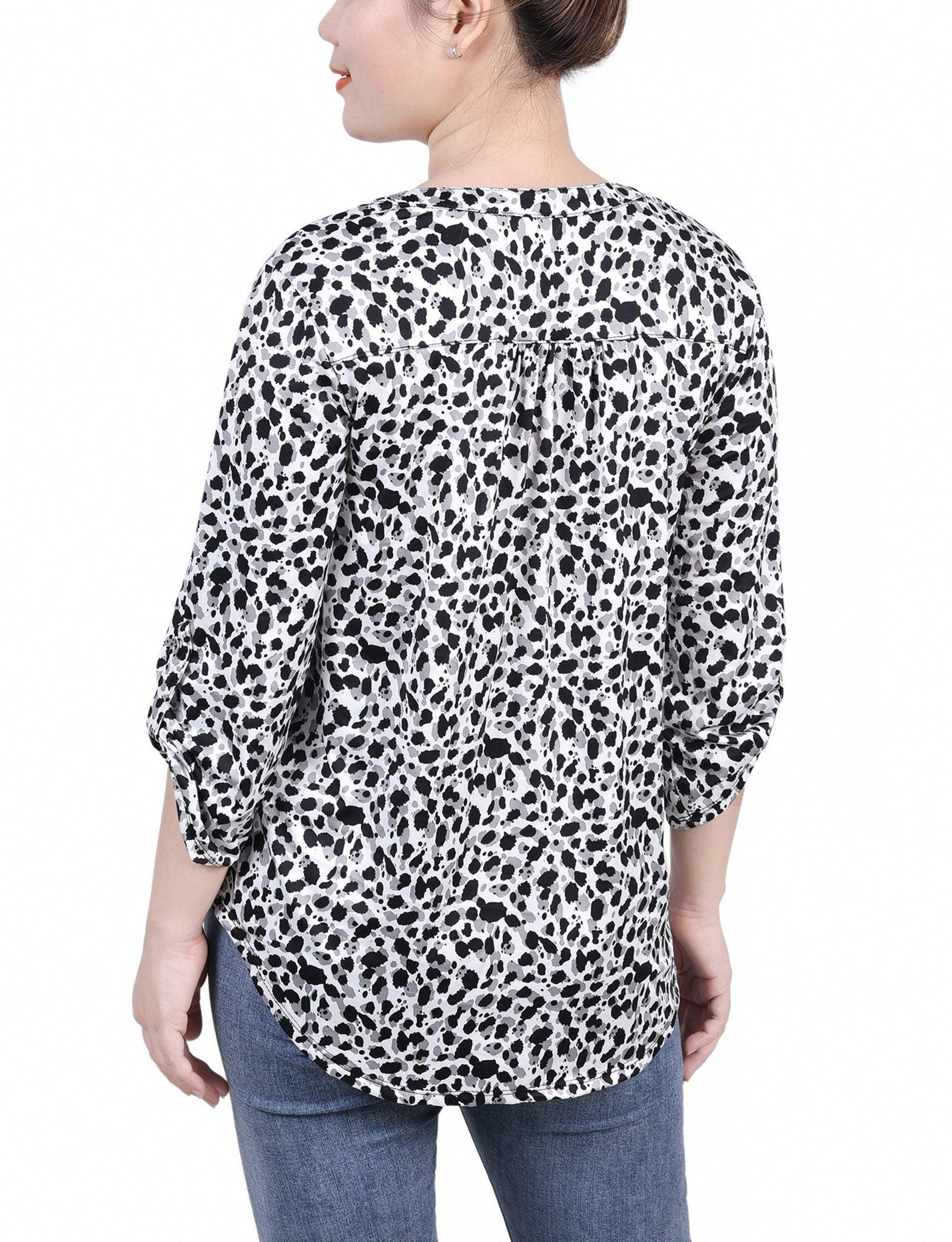 Grey Black Animal 3/4 Roll Tab Sleeve Y Neck Top - Petite Product Image