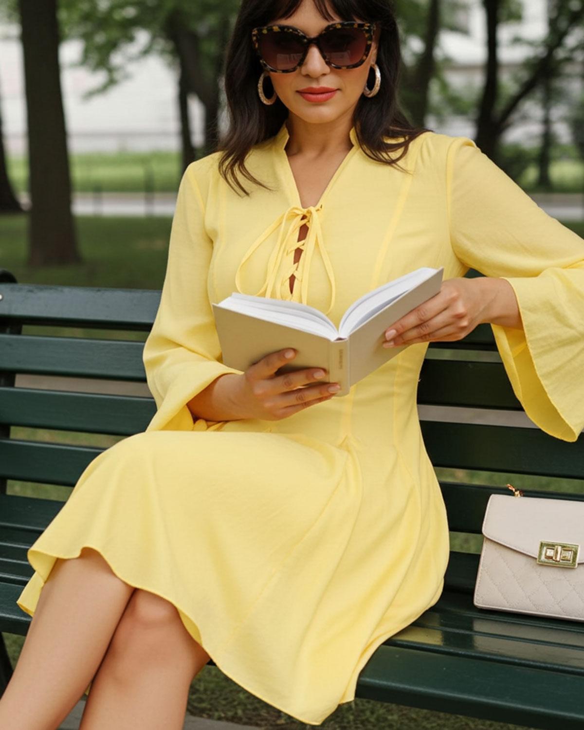 Yellow Bell Sleeve A-Line Mini Dress Product Image