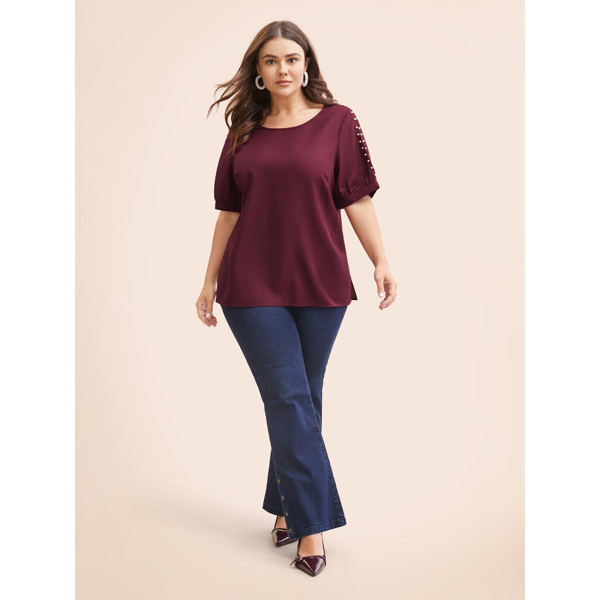 Plus Size Burgundy Round Neck Pearl Beaded Cut Out Blouse Women Elegant Short sleeve Round Neck Everyday Blouses BloomChic 30/6X Product Image