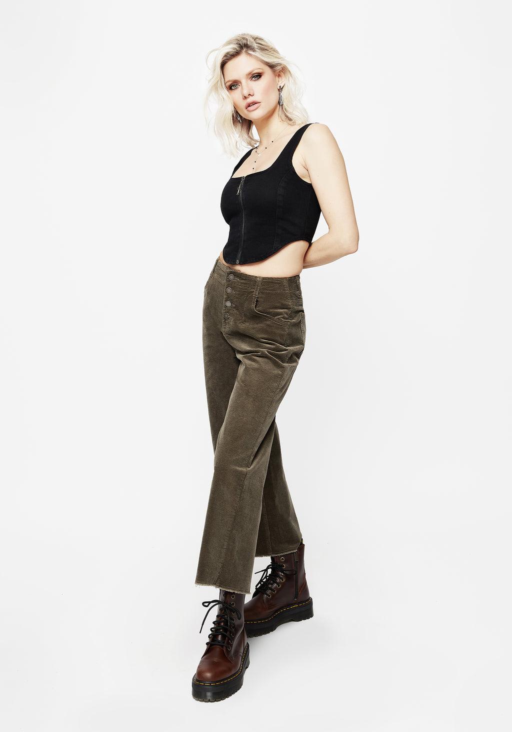 Foster Wide Leg Cord Crop Jeans - Green Product Image