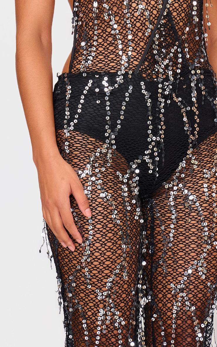 Black Sequin Fishnet Halterneck Jumpsuit Product Image