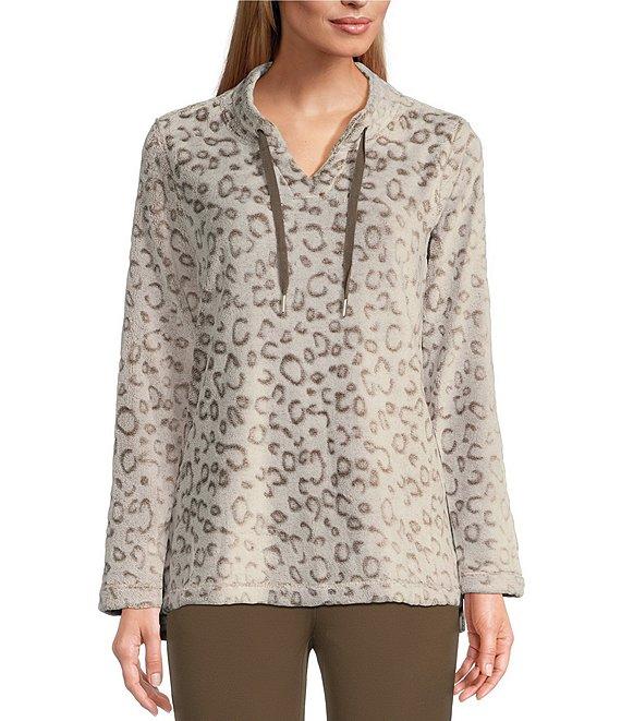 Multiples Plush Embossed Printed Drawstring Split V-Neck Long Sleeve Pullover Top Product Image