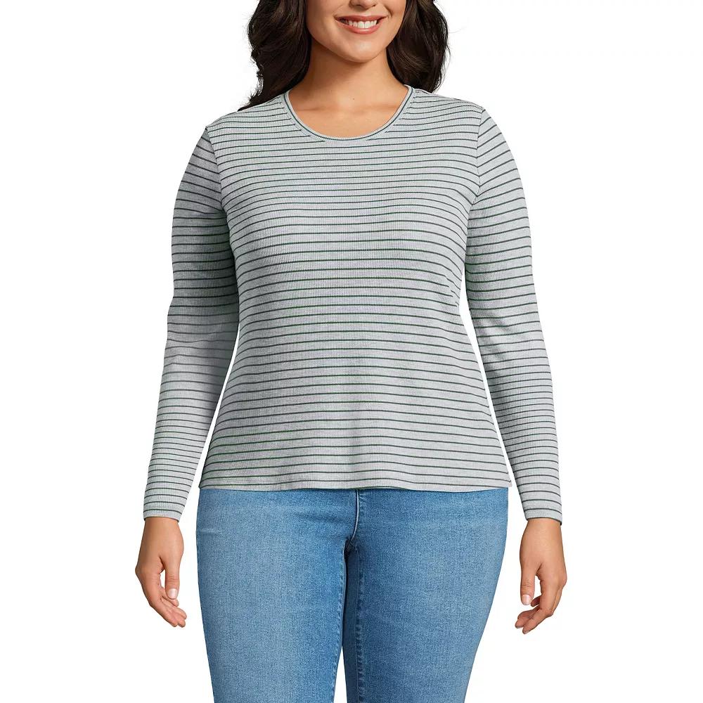 Plus Size Lands' End Long Sleeve Baby Waffle Crewneck T-Shirt, Women's, Size: 2XL, Gray Breton Stripe Product Image