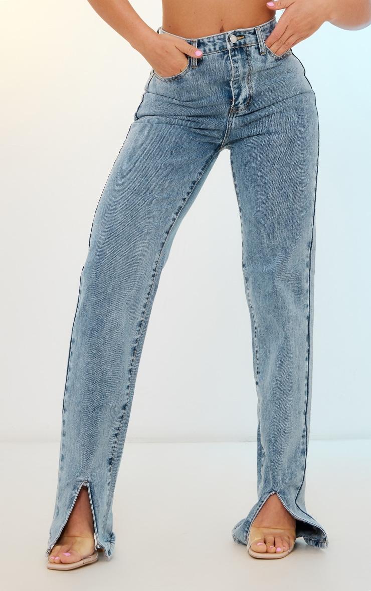 Light Blue Wash Front Split Long Leg Straight Jeans Product Image