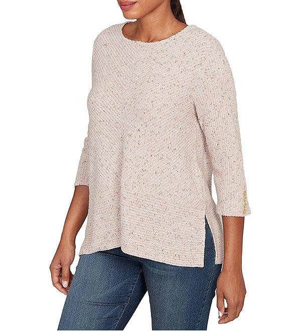 Ruby Rd. Petite Size Heather Speckeled Ribbed Knit Crew Neck 3/4 Sleeve Side Vented Top Product Image