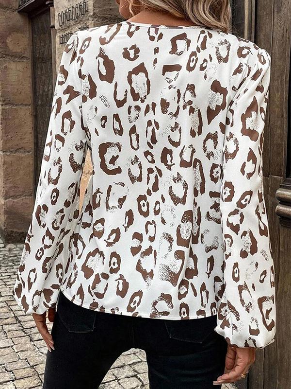 Long Sleeves Loose Contrast Color Elasticity Leopard V-Neck Blouses&Shirts Tops Product Image