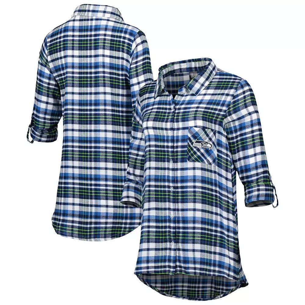Women's Concepts Sport College Navy/Neon Green Seattle Seahawks Mainstay Flannel Full-Button Long Sleeve Nightshirt, Size: Large, Blue Product Image