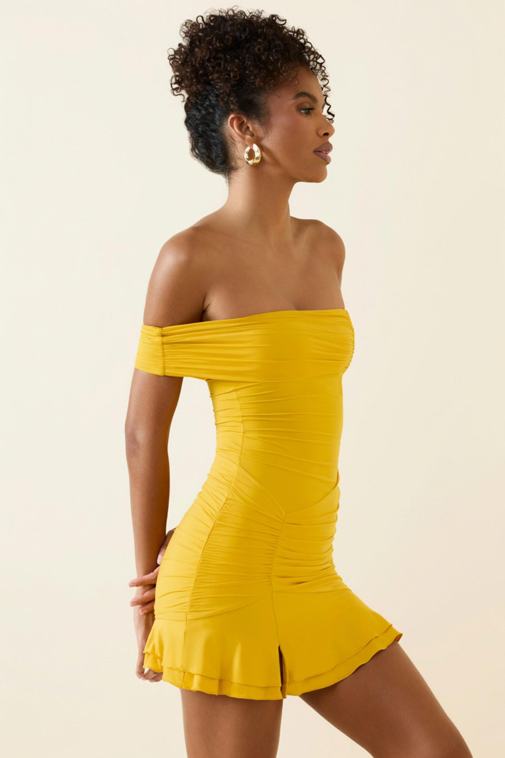 Asymmetric Ruched One-Shoulder Mini Dress in Golden Yellow Product Image
