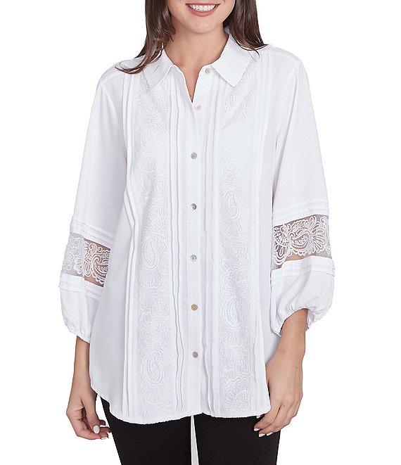 Ruby Rd. Woven Point Collar 3/4 Lace Inset Sleeve Button-Front Top Product Image