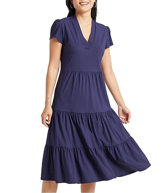 Jude Connally Libby Solid Jude Cloth Knit V-Neck Short Puffed Sleeve A-Line Tiered Midi Dress Product Image