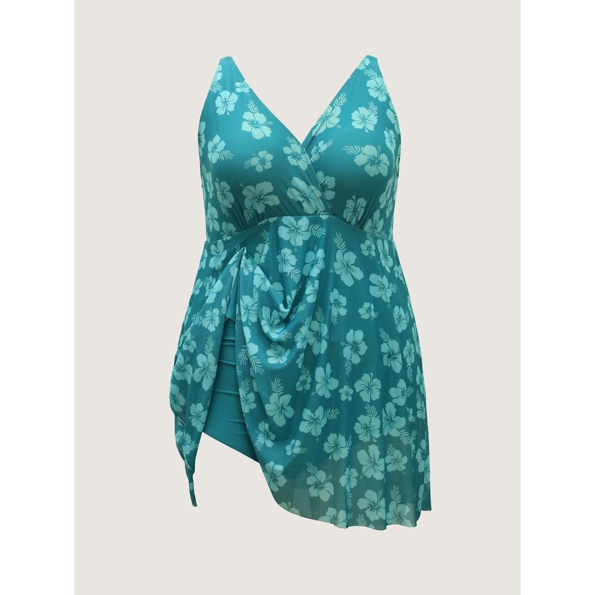 Plus Size Floral Mesh Surplice Swim Dress Women's Swimwear Teal Beach Bodycon Overlap Collar High stretch Curve Swim Dresses BloomChic 18-20/2X Product Image