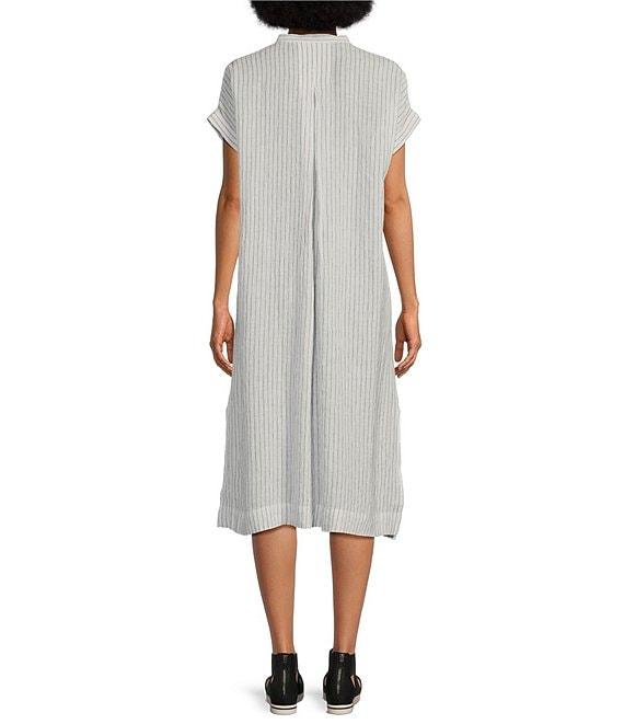 Eileen Fisher Puckered Organic Linen Stripe Mandarin Collar Short Sleeve Midi Dress Product Image