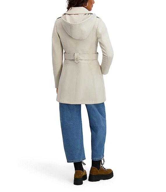 Kensie Water Resistant Hooded Point Collar Long Sleeves Side Tab Button Front Softshell Trench Coat Product Image