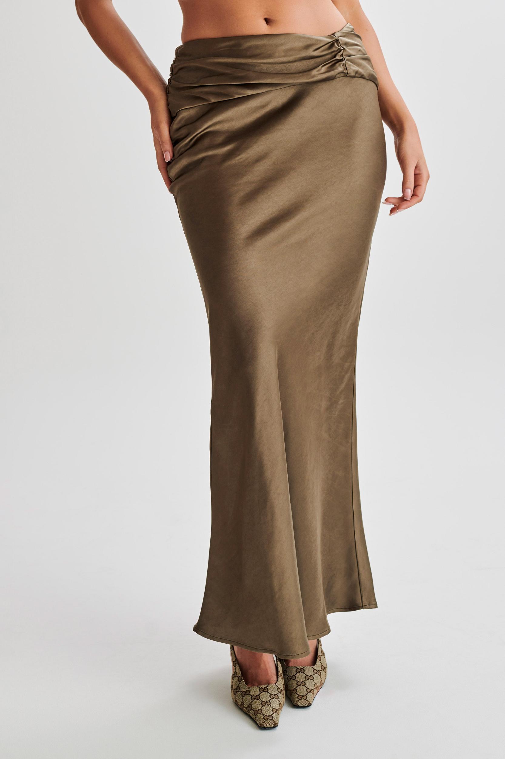 Khalani Ruched Satin Maxi Skirt - Khaki Product Image
