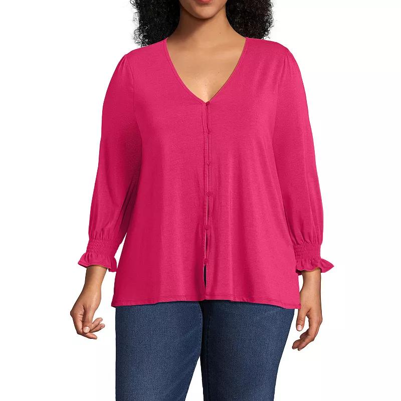Plus Size Lands End 3/4 Sleeve Lightweight Jersey Button Front Top, Womens Product Image