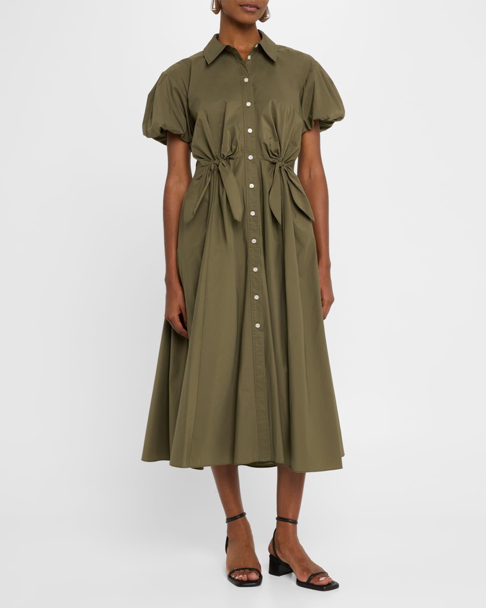 Elza Puff-Sleeve Tie-Waist Midi Shirtdress Product Image