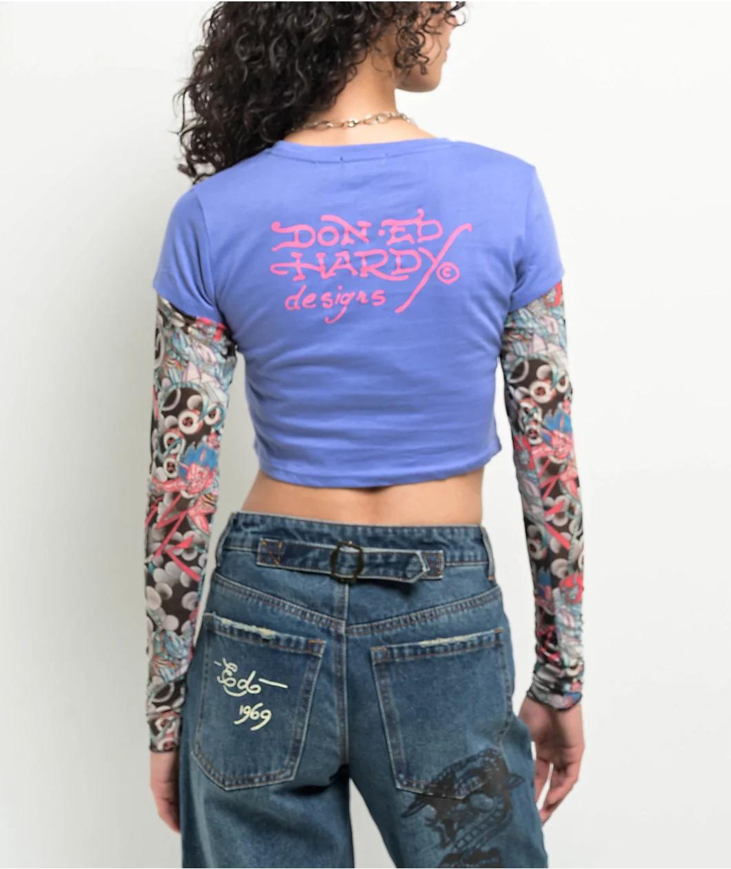 Ed Hardy Swallow 2fer Midnight Long Sleeve Crop T-Shirt Product Image