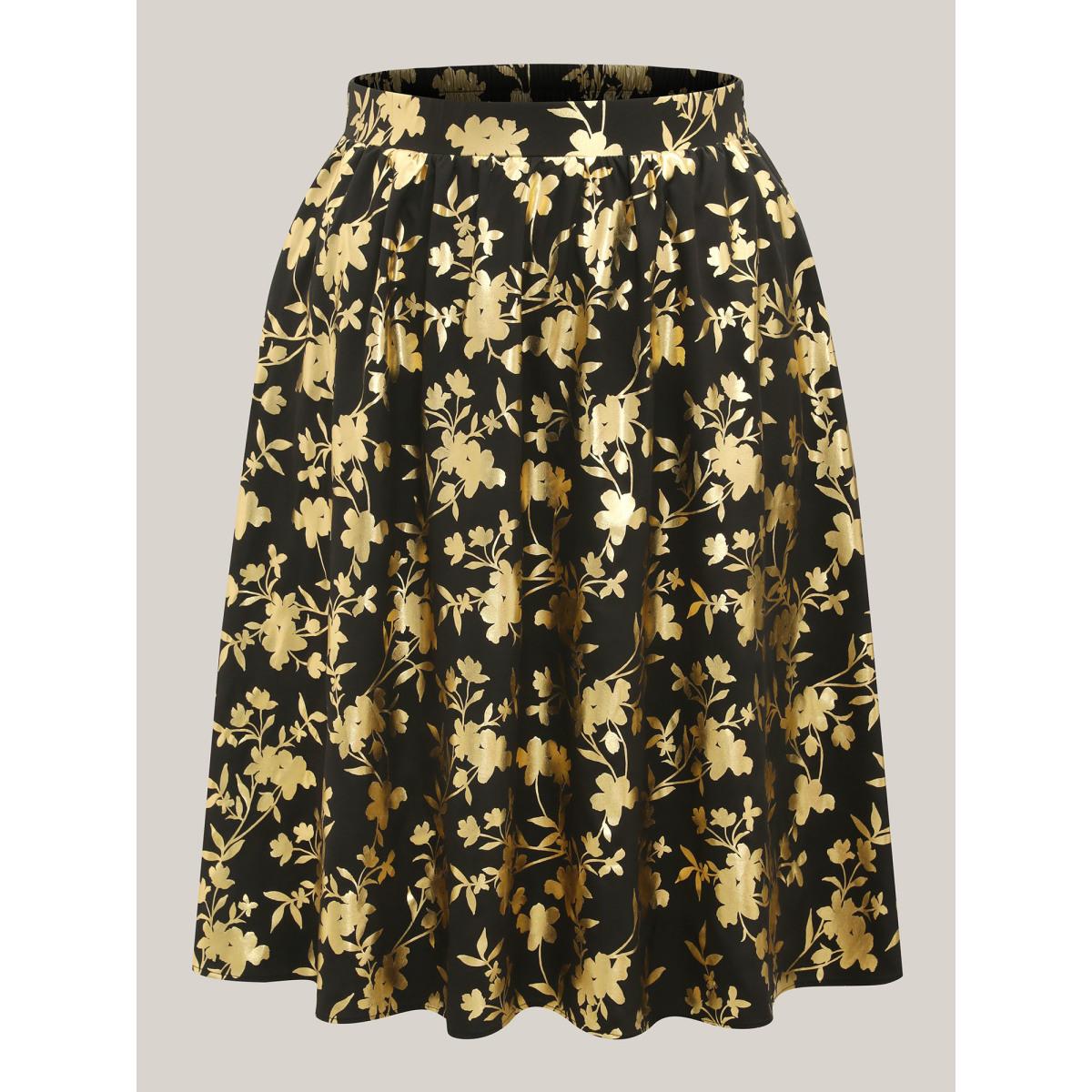 Plus Size Shimmery Floral Hot Stamping Midi Skirt Women Black Contrast Bodycon Low stretch Slanted pocket Party Skirts BloomChic 14-16/1X Product Image