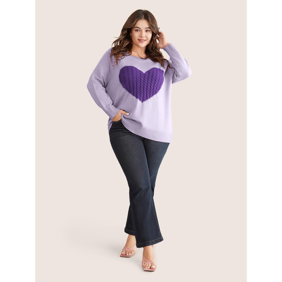 Plus Size Heart Cable Knit Two Tone Raglan Sleeve Pullover Lilac Women Casual Long Sleeve Round Neck Everyday Pullovers BloomChic 14-16/1X Product Image